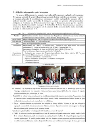 Capítulo 3 Consideraciones Ambientales y Sociales
3-43
Deliberaciones con las partes interesadas
Se tuvieron deliberaciones con las partes interesadas del Proyecto para explicarles del resumen del
Proyecto, el contenido de las actividades a tender en cuenta desde el punto de vista ambiental y social y
el resumen del estudio de consideraciones ambientales y sociales incluyendo los impactos sobre el
ambiente natural y social y las medidas de mitigación y extraer sus opiniones sobre el contenido y
reflejarlas en el informe. Las deliberaciones tuvieron lugar en 2 ocasiones, puesto que los 4 puentes
objeto están distribuidos entre los municipios de Mulukukú y de Siuna. A continuación, se presenta el
resumen de dichas deliberaciones junto con el contenido de las opiniones de las partes interesadas
extraídas en colaboración con MTI.
Tabla 3-1-21 Resumen de deliberaciones con las partes interesadas (Municipio de Siuna)
Nombre Deliberaciones con las partes interesadas del Proyecto de construcción de puentes sobre la
carretera principal entre Río Blanco y Siuna (Puentes Prinzapolka y Labú)
Organizadores Organizador principal: MTI, co-organizador: Municipio de Siuna, apoyadas por JICA
Fecha prevista 25 de julio (lunes), 2016, de 14:30 a 16:30
Lugar Casa de refugio de mujeres de Siuna
Participantes Organizadores: MTI (UGA) (2), Planificación (1), Alcalde de Siuna, Vice alcalde, funcionarios
municipales (2), Equipo de Estudio de JICA de JICA (3), Consultor local (2)
Participantes: Ciudadanos de Siuna, MARENA, IPSA, INAFOR, ONG, etc. (50)
Total participantes: 60 personas aprox. (Hombre 7: Mujer 3)
Contenido de
deliberaciones
࣭Explicación del resumen del Proyecto (antecedentes, área objeto, objetivo del Proyecto,
lineamiento del diseño, resumen del trabajo de la obra)
࣭Condiciones ambientales y sociales locales
࣭Impactos ambientales del Proyecto y las medidas de mitigación
࣭Programa del Proyecto
࣭Preguntas y respuestas
En deliberaciones
Principales opiniones presentadas
࣭(Ciudadano) Este Proyecto es uno de los proyectos que crean una ruta que une el Atlántico y el Pacífico en
Nicaragua conjuntamente con proyectos viales, que hemos esperado por 200 años. Es inmenso el impacto
económico también para el municipio de Siuna.
࣭
(MARENA) Se solicita tomar correctamente las medidas de mitigación de impactos ambientales. Antes, en una obra
de construcción vial fue excavado un hoyo para extraer la tierra y luego fue abandonado. El hoyo se llenó de agua
produciendo muchos insectos, lo que molestó a los pobladores.
ĺ㸦MTI㸧 Tenemos medidas de mitigación para restaurar el estado original en caso de que sea afectada la
topografía a causa de la obra de construcción. Además, tenemos dispuesto un diseño para asegurar un drenaje
adecuado para evitar la acumulación de agua por la obra.
࣭(Ciudadano) ¿Qué medidas tomarán para los árboles talados a causa de la obra?
ĺ㸦MTI㸧Actualmente cuando cortamos árboles a causa de una obra vial, procuramos plantar nuevos árboles al lado
de la carretera. Igualmente, en la construcción de puentes, tenemos medidas de mitigación para asegurar una
cantidad igual o mayor de árboles que los talados. MTI está llevando adelante proyectos de plantación de árboles
en colaboración con habitantes locales. Es posible llevarlo a cabo también en el municipio de Siuna, por lo que
 