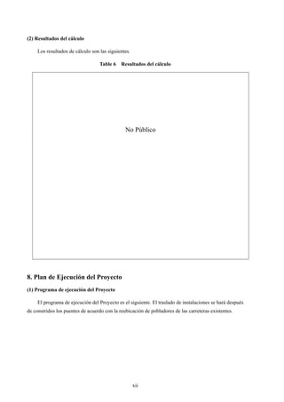 xii
(2) Resultados del cálculo
Los resultados de cálculo son las siguientes.
Table 6 Resultados del cálculo
8. Plan de Ejecución del Proyecto
(1) Programa de ejecución del Proyecto
El programa de ejecución del Proyecto es el siguiente. El traslado de instalaciones se hará después
de constridos los puentes de acuerdo con la reubicación de pobladores de las carreteras existentes.
No Público
 