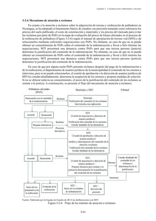 Capítulo 3 Consideraciones Ambientales y Sociales
3-61
Mecanismo de atención a reclamos
En cuanto a la atención a reclamos sobre la adquisición de terreno y reubicación de pobladores en
Nicaragua, se ha adoptado el lineamiento básico de estudiar con precisión tomando como referencia los
precios del suelo publicado, el costo de construcción y materiales y los precios del mercado para evitar
las reclamos por parte de PAPs en la etapa de evaluación del precio de bienes afectados en el proceso de
la reubicación de pobladores (Figura 3-2-6) según el manual de apropiación de terreno vial (MTI) y de
solucionarlos mediante suficientes negociaciones con PAPs. No obstante, en caso de que no se pueda
obtener un consentimiento de PAPs sobre el contenido de la indemnización y llevar a feliz término las
negociaciones, MTI presentará una denuncia contra PAPs para que una tercera persona (justicia)
determine la justificación del contenido de la indemnización. No obstante, en caso de que no se pueda
obtener un consentimiento de PAPs sobre el contenido de la indemnización y llevar a feliz término las
negociaciones, MTI presentará una denuncia contra PAPs para que una tercera persona (justicia)
determine la justificación del contenido de la indemnización.
En caso de que por alguna razón PAPs presente reclamos después del pago de la indemnización o
de la reubicación, el departamento de asuntos jurídicos de la municipalidad el contenido de los mismos e
interviene, pero si no puede solucionarlos, el comité de aprobación o la dirección de asuntos jurídicos de
MTI los estudia detalladamente, determina la aceptación de los mismos y propone medidas de solución.
Si no se obtiene todavía un consentimiento, el juicio de la justificación del contenido de los reclamos se
somete a la justicia. A continuación, se presenta el flujo del mecanismo de atención a reclamos.
Fuente: Elaborado por la Equipo de Estudio de JICA las deliberaciones con MTI
Figura 3-2-6 Flujo de los trámites de atención a reclamos
 