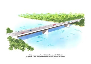 Dibujo de perspectiva: Puente Mulukukú (Municipio de Mulukukú)
(Puente de 2 vigas principales continuas de placa de acero de 3 claros)
 