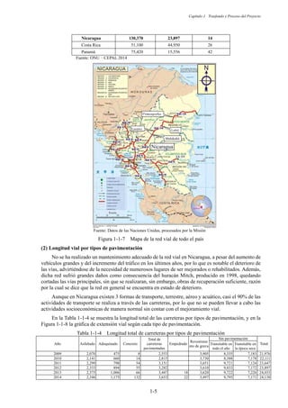 Capítulo 1 Trasfondo y Proceso del Proyecto
1-5
Nicaragua 130,370 23,897 14
Costa Rica 51,100 44,950 26
Panamá 75,420 15,556 42
Fuente: ONU̺CEPAL 2014
Fuente: Datos de las Naciones Unidas, procesados por la Misión
Figura 1-1-7 Mapa de la red vial de todo el país
Longitud vial por tipos de pavimentación
No se ha realizado un mantenimiento adecuado de la red vial en Nicaragua, a pesar del aumento de
vehículos grandes y del incremento del tráfico en los últimos años, por lo que es notable el deterioro de
las vías, advirtiéndose de la necesidad de numerosos lugares de ser mejorados o rehabilitados. Además,
dicha red sufrió grandes daños como consecuencia del huracán Mitch, producido en 1998, quedando
cortadas las vías principales, sin que se realizaran, sin embargo, obras de recuperación suficiente, razón
por la cual se dice que la red en general se encuentra en estado de deterioro.
Aunque en Nicaragua existen 3 formas de transporte, terrestre, aéreo y acuático, casi el 90% de las
actividades de transporte se realiza a través de las carreteras, por lo que no se pueden llevar a cabo las
actividades socioeconómicas de manera normal sin contar con el mejoramiento vial.
En la Tabla 1-1-4 se muestra la longitud total de las carreteras por tipos de pavimentación, y en la
Figura 1-1-8 la gráfica de extensión vial según cada tipo de pavimentación.
Tabla 1-1-4 Longitud total de carreteras por tipos de pavimentación
Año Asfaltado Adoquinado Concreto
Total de
carreteras
pavimentadas
Empedrado
Revestimie
nto de grava
Sin pavimentación
Total
Transitable en
todo el año
Transitable en
la época seca
2009 2,070 475 8 2,553 3,905 8,335 7,183 21,976
2010 2,141 660 14 2,815 3,730 8,388 7,178 22,111
2011 2,299 798 54 3,151 3,651 9,721 7,124 23,647
2012 2,333 894 55 3,282 3,610 9,833 7,172 23,897
2013 2,375 1,006 66 3,447 18 3,620 9,722 7,226 24,033
2014 2,346 1,175 132 3,653 22 3,497 9,795 7,171 24,138
Nicaragua
Mulukukú
 
