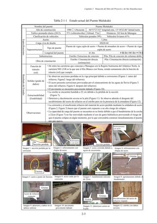 Capítulo 2 Situación del Sitio del Proyecto y de Sus Inmediaciones
2-3
Tabla 2-1-1 Estado actual del Puente Mulukukú
Nombre del puente Puente Mulukukú
Especificaciones
Año de construcción 1988 Ubicación 84°57'27.53 longitud este, 13°10'22.06 latitud norte
Tráfico promedio diario (2015) 571 (vehículos/día) Altitud: 77m Distancia: 243 km de Managua
Clasificación de vehículos Vehículos pesados 39% Vehículos livianos 61%
Ancho 7,28m
Carga viva de diseño HS20-44
Superestructura
Tipo de puente
Puente de vigas cajón de acero + Puente de armadura de acero + Puente de vigas
cajón de acero
Longitud del puente 41.0m 䠇㻥㻞㻚㻜㼙䠇
㻠㻝㻚㻜㼙䠙
㻝㻣㻠㻚㻜
Subestructura Estribo: Estructura de concreto Pila: Pila de concreto de columna doble
Obra de cimentación
Estribo: Cimentación directa
(estimación)
Pila: Cimentación directa (estimación)
Resultado
del
Estudio
Función de
tránsito
(rol)
࣭De entre las carreteras que conectan a Managua con la Región Autónoma del Atlántico Norte, la
carretera NIC-21B es la que une el Río Blanco con Siuna, siendo sumamente alta la función de
tránsito (rol) que cumple.
Solidez (grado de
daños)
࣭Se observan secciones perdidas en la viga principal debido a corrosiones (Figura 1: antes del
refuerzo, Figura2: luego del refuerzo).
࣭El acero presenta corrosiones provocadas por el estancamiento de las aguas de lluvia (Figura 3:
antes del refuerzo, Figura 4: después del refuerzo).
࣭El pavimento se encuentra gravemente dañado (Figura 10).
Estructurabilidad
(Estabilidad)
࣭La cercha se encuentra hundida a 22 cm debido a la pérdida de la sección
(Figura 7).
࣭Deterioro y decoloración severa en la pila (Figura 11). Se observa además el desgaste del
recubrimiento del acero de refuerzo en el estribo pero no la presencia de la armadura (Figura 12).
Observaciones
࣭La corrosión y el insuficiente refuerzo del material de acero perdido mediante la soldadura de acero
(Figura 2, Figura 3) hacen que el puente esté expuesto a un alto riesgo de colapso.
࣭La capacidad de carga del puente se encuentra en su límite debido a que el hundimiento de la cercha
a 22cm (Figura 7) no fue renivelado mediante el uso de gatos hidráulicos provocando el riesgo de
que el puente colapse en algún momento, por lo que convendría construir inmediatamente el puente
por uno nuevo.
Imagen 1: sección perdida por la
corrosión
Imagen 3: acero corroído debido a
aguas de escorrentía
Imagen 2: reforzamiento con
chapas de acero
Hundimiento
Grietas
Fractura
Imagen 6: acero caído por la
corrosión
Imagen 7: hundimiento máximo
de 22cm
Imagen 8: agrietamiento debido al
hundimiento
Im
cor
Imagen 5: acero a punto de fractura
Grietas
Acero de refuerzo
expuesto
Pérdida
Grietas
Recubrimiento del acero de
refuerzo raspado
Imagen 10: pavimento
gravemente dañado
Imagen 11: deterioros serios en
la pila
Imagen 12: estribo con daños
severos
Sección perdida
㗰ᯈ⿵ᙉ㻌
Sección perdida
Reforzamiento
con acero
㻌
Reforzamien
to con acero
Imagen 4: reforzamiento con
chapas de acero
I
Imagen 9: deterioro y daños en el
tablero inferior
 