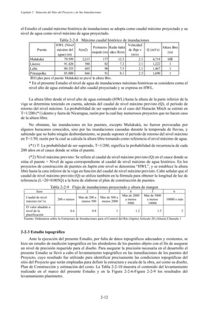 Capítulo 2 Situación del Sitio del Proyecto y de Sus Inmediaciones
2-12
el Estudio el caudal máximo histórica de inundaciones se adopta como caudal máximo proyectado y su
nivel de agua como nivel máximo de agua proyectado.
Tabla 2-2-8 Máximo caudal histórico de inundaciones
* En el presente Estudio el nivel de agua de inundaciones máximas históricas se considera como el
nivel alto de agua estimado del alto caudal proyectado y se expresa en HWL.
La altura libre desde el nivel alto de agua estimado (HWL) hasta la altura de la parte inferior de la
viga se determina teniendo en cuenta, además del caudal de nivel máximo previsto (Q), el período de
retorno del nivel máximo. La probabilidad de ser superado en el caso del Huracán Mitch se estimó en
T=1/200 (*1) dentro y fuera de Nicaragua, razón por la cual hay numerosos proyectos que no hacen caso
de la altura libre.
No obstante, las inundaciones en los puentes, excepto Mulukukú, no fueron provocadas por
algunos huracanes conocidos, sino por las inundaciones causadas durante la temporada de lluvias, y
sabiendo que no hubo ningún desbordamiento, se puede suponer el período de retorno del nivel máximo
en T=1/50, razón por la cual se calcula la altura libre tomando como referencia el nivel máximo de agua.
(*1) T: La probabilidad de ser superado, T=1/200, significa la probabilidad de recurrencia de cada
200 años en el cauce donde se sitúa el puente.
(*2) Nivel máximo previsto: Se refiere al caudal de nivel máximo previsto (Q) en el cauce donde se
sitúa el puente = Nivel de agua correspondiente al caudal de nivel máximo de agua histórico. En los
proyectos de construcción de puentes en Japón este nivel se denomina “HWL”, y se establece la altura
libre hasta la cara inferior de la viga en función del caudal de nivel máximo previsto. Cabe señalar que el
caudal de nivel máximo previsto (Q) se utiliza también en la fórmula para obtener la longitud de luz de
referencia (L=20+0.005Q) a la hora de elaborar el plan de construcción de puentes.
Tabla 2-2-9 Flujo de inundaciones proyectado y altura de margen
Item 1 2 3 4 5 6
Caudal de nivel
máximo (m3
/s)
200 o menos
Más de 200 a
menos 500
Más de 500 a
menos 2000
Más de 2000
a menos
5000
Más de 5000
a menos
10000
10000 o más
El valor añadido a
nivel de la
planificación
0.6 0.8 1 1.2 1.5 2
Fuente: Ordenanza sobre la Estructura de Instalaciones para el Control del Río (Japón) Artículo 20 (Altura) Cláusula 1
Estudio topográfico
Ante la ejecución del presente Estudio, por falta de datos topográficos adecuados y existentes, se
hizo un estudio de medición topográfica en los alrededores de los puentes objeto con el fin de asegurar
un nivel de precisión requerido para el diseño. Para asegurar la precisión necesaria en el desarrollo el
presente Estudio se llevó a cabo el levantamiento topográfico en las inmediaciones de los puentes del
Proyecto, cuyo resultado fue utilizado para identificar precisamente las condiciones topográficas del
sitio del Proyecto que serán empleadas para definir la estructura y escala de la obra, así como su diseño,
Plan de Construcción y estimación del costo. La Tabla 2-2-10 muestra el contenido del levantamiento
realizado en el marco del presente Estudio y en la Figura 2-2-6-Figura 2-2-9 los resultados del
levantamiento planímetro.
Puente
HWL (Nivel
máximo del
agua) (m)
A(m2)
Perímetro
mojado (m)
Radio hidrá
ulico R(m)
Velocidad
de flujo v
(m/s)
Q (m3/s)
Altura libre
(m)
Mulukukú 79.599 2,215 177 12.5 2.1 4,719 0䈜
Lisawe 91.420 588 82 7.2 2.1 1,222 1
Labú 89.355 603 90 7.5 2.1 1,467 1
Prinzapolka 85.000 666 91 8.1 2.3 1,690 1
䈜El plan para el puente Mulukukú no prevé la altura libre.
 