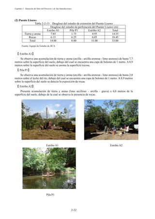 Capítulo 2 Situación del Sitio del Proyecto y de Sus Inmediaciones
2-22
Puente Lisawe
Tabla 2-2-13 Desglose del estudio de extensión del Puente Lisawe
Fuente: Equipo de Estudio de JICA
䛆 Estribo A1䛇
Se observa una acumulación de tierra y arena (arcilla - arcilla arenosa - limo arenoso) de hasta 7,7
metros sobre la superficie del suelo, debajo del cual se encuentra una capa de bolones de 1 metro. A 8,9
metros sobre la superficie del suelo se asoma la superficie rocosa.
䛆 Pila P1䛇
Se observa una acumulación de tierra y arena (arcilla - arcilla arenosa - limo arenoso) de hasta 2,8
metros sobre el lecho del río, debajo del cual se encuentra una capa de bolones de 1 metro. A 8,9 metros
sobre la superficie del suelo se detecta la exposición de rocas.
䛆 Estribo A2䛇
Presenta acumulación de tierra y arena (limo arcilloso – arcilla – grava) a 6,0 metros de la
superficie del suelo, debajo de la cual se observa la presencia de rocas.
Estribo A1                  Estribo A2
Pila P1

Desglose del estudio de perforación del Puente Lisawe (m)
Estribo A1 Pila P1 Estribo A2 Total
Tierra y arena 7.85 1.75 4.95 14.55
Rocas 6.15 6.25 6.05 18.45
Total 14.00 8.00 11.00 33.00
 