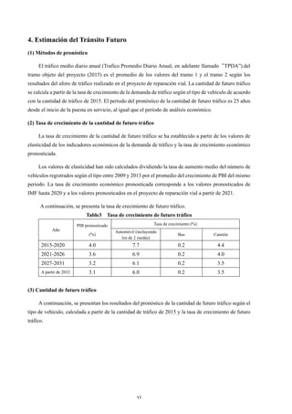 vi
4. Estimación del Tránsito Futuro
(1) Métodos de pronóstico
El tráfico medio diario anual (Trafico Promedio Diario Anual, en adelante llamado͆TPDA”) del
tramo objeto del proyecto (2015) es el promedio de los valores del tramo 1 y el tramo 2 según los
resultados del aforo de tráfico realizado en el proyecto de reparación vial. La cantidad de futuro tráfico
se calcula a partir de la tasa de crecimiento de la demanda de tráfico según el tipo de vehículo de acuerdo
con la cantidad de tráfico de 2015. El periodo del pronóstico de la cantidad de futuro tráfico es 25 años
desde el inicio de la puesta en servicio, al igual que el periodo de análisis económico.
(2) Tasa de crecimiento de la cantidad de futuro tráfico
La tasa de crecimiento de la cantidad de futuro tráfico se ha establecido a partir de los valores de
elasticidad de los indicadores económicos de la demanda de tráfico y la tasa de crecimiento económico
pronosticada.
Los valores de elasticidad han sido calculados dividiendo la tasa de aumento medio del número de
vehículos registrados según el tipo entre 2009 y 2013 por el promedio del crecimiento de PBI del mismo
periodo. La tasa de crecimiento económico pronosticada corresponde a los valores pronosticados de
IMF hasta 2020 y a los valores pronosticados en el proyecto de reparación vial a partir de 2021.
A continuación, se presenta la tasa de crecimiento de futuro tráfico.
Table3 Tasa de crecimiento de futuro tráfico
Año
PIB pronosticado
(%)
Tasa de crecimiento (%)
Automóvil (incluyendo
los de 2 ruedas)
Bus Camión
2015-2020 4.0 7.7 0.2 4.4
2021-2026 3.6 6.9 0.2 4.0
2027-2031 3.2 6.1 0.2 3.5
A partir de 2032 3.1 6.0 0.2 3.5
(3) Cantidad de futuro tráfico
A continuación, se presentan los resultados del pronóstico de la cantidad de futuro tráfico según el
tipo de vehículo, calculada a partir de la cantidad de tráfico de 2015 y la tasa de crecimiento de futuro
tráfico.
 