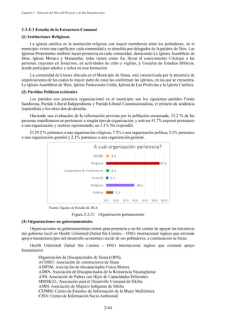Capítulo 2 Situación del Sitio del Proyecto y de Sus Inmediaciones
2-44
Estudio de la Estructura Comunal
Instituciones Religiosas
La iglesia católica es la institución religiosa con mayor membresía entre los pobladores, en el
municipio existe una capilla por cada comunidad y es atendida por delegados de la palabra de Dios. Las
Iglesias Protestantes también hacen presencia en cada comunidad, destacando La Iglesia Asambleas de
Dios, Iglesia Morava y Maranatha; todas tienen como fin, llevar el conocimiento Cristiano a las
personas creyentes en Jesucristo, en actividades de culto y vigilias, y Escuelas de Estudios Bíblicos,
donde participan adultos y niños en esta formación.
La comunidad de Lisawe ubicada en el Municipio de Siuna, está caracterizada por la presencia de
organizaciones de las cuales la mayor parte de estas las conforman las iglesias, en las que se encuentra,
La Iglesia Asambleas de Dios, Iglesia Pentecostés Unida, Iglesia de Las Profecías y la Iglesia Católica.
Partidos Políticos existentes
Los partidos con presencia organizacional en el municipio son los siguientes partidos Frente
Sandinista, Partido Liberal Independiente y Partido Liberal Constitucionalista, el primero de tendencia
izquierdista y los otros dos de derecha.
Haciendo una evaluación de la información provista por la población encuestada, 55.2 % de las
personas manifestaron no pertenecer a ningún tipo de organización, y solo un 41.7% expresó pertenecer
a una organización y sentirse representado; un 3.1% No respondió.
El 29.2 % pertenece a una organización religiosa, 7.3% a una organización política, 3.1% pertenece
a una organización gremial y 2.1% pertenece a una organización gremial.
Fuente: Equipo de Estudio de JICA
Figura 2-2-21 Organización perteneciente
Organizaciones no gubernamentales
Organizaciones no gubernamentales tienen gran presencia y un fin común de apoyar las iniciativas
del gobierno local en Health Unlimited (Salud Sin Límites – ONG internacional inglesa que extiende
apoyo humanitario)pro del desarrollo económico social de sus pobladores, a continuación se listan.
Health Unlimited (Salud Sin Límites – ONG internacional inglesa que extiende apoyo
humanitario)
Organización de Discapacitados de Siuna (ODS),
ACOSIU: Asociación de constructores de Siuna
ADIFIM: Asociación de discapacitados Física Motora
ADRN. Asociación de Discapacitados de la Resistencia Nicaragüense
ANS: Asociación de Padres con Hijos de Capacidades Diferentes
SIMSKUL: Asociación para el Desarrollo Comunal de Sikilta
AMIS. Asociación de Mujeres Indígenas de Sikilta
CEIMM: Centro de Estudios de Información de la Mujer Multiétnica
CISA: Centro de Información Socio Ambiental
 