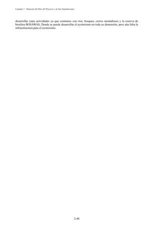 Capítulo 2 Situación del Sitio del Proyecto y de Sus Inmediaciones
2-48
desarrollar estas actividades ya que contamos con ríos, bosques, cerros montañosos y la reserva de
biosfera BOSAWAS, Donde se puede desarrollar el ecoturismo en toda su dimensión, pero aún falta la
infraestructura para el ecoturismo.
 