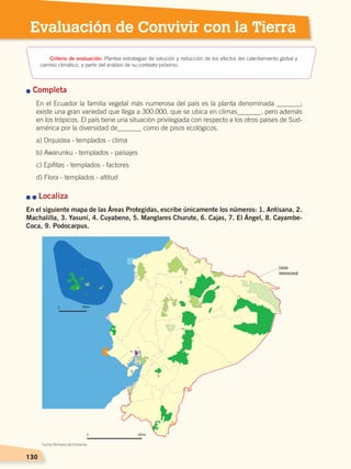 130
Evaluación de Convivir con la Tierra
n Completa
En el Ecuador la familia vegetal más numerosa del país es la planta denominada _______;
existe una gran variedad que llega a 300.000, que se ubica en climas_______, pero además
en los trópicos. El país tiene una situación privilegiada con respecto a los otros países de Sud-
américa por la diversidad de_______ como de pisos ecológicos.
a) Orquídea - templados - clima
b) Awarunku - templados - paisajes
c) Epifitas - templados - factores
d) Flora - templados - altitud
n n Localiza
En el siguiente mapa de las Áreas Protegidas, escribe únicamente los números: 1. Antisana, 2.
Machalilla, 3. Yasuní, 4. Cuyabeno, 5. Manglares Churute, 6. Cajas, 7. El Ángel, 8. Cayambe-
Coca, 9. Podocarpus.
130
0 200 km
0 200 km
Límite
internacional
Criterio de evaluación: Plantea estrategias de solución y reducción de los efectos del calentamiento global y
cambio climático, a partir del análisis de su contexto próximo.
Fuente: Ministerio del Ambiente.
CONVIVIR CON LA TIERRA; pp. 118-129.indd 130 13/07/16 13:45
 