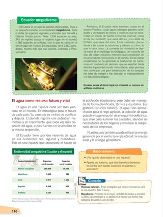 110
la población ecuatoriana pero debe ser maneja-
da de forma planificada, técnica y equitativa. Los
grandes recursos hídricos (el agua) son aprove-
chados para el riego agrícola, la dotación de agua
potable y la generación de energía hidroeléctrica,
que sirve para iluminar las ciudades, atender las
necesidades de los hogares y movilizar la maqui-
naria de las empresas.
Nuestro país también puede utilizar la energía
generada por el viento (energía eólica), la energía
solar y la energía geotérmica.
El agua como recurso futuro y vital
El agua es una riqueza cada vez más valo-
rada en el mundo. Es estratégica para el futuro
de cada país. Su carencia es motivo de conflicto
y disputa. El planeta registra una población nu-
merosa y en crecimiento, que cada vez más de-
pende del agua, cuyas fuentes no se amplían en
la misma proporción.
El Ecuador tiene grandes reservas de agua
en sus numerosos ríos, lagunas y humedales.
Esta es una riqueza que preservará el futuro de
Reservas naturales. Áreas protegidas que tienen importancia para
la vida silvestre, flora o fauna.
Megadiverso. Poseedor de la mayor cantidad de plantas y animales.
La ONU ha identificado a 17 países en el mundo que tienen esta
categoría. Ecuador es uno de ellos.
Glosario
El Ecuador es un país de grandes diversidades. Pese a
su pequeño tamaño, es considerado megadiverso. Tiene
el doble de especies vegetales y animales que Canadá y
Estados Unidos juntos. Tiene 1.504 especies de aves,
345 de reptiles (ocupa el séptimo lugar en el mundo)
y 385 especies de anfibios, con lo que se ubica en el
tercer lugar del mundo. En orquídeas, tiene 2.600 varie-
dades, mucho más que sus vecinos, Colombia y Perú,
sumados.
Ecuador megadiverso
Asimismo, el Ecuador tiene extensas costas en el
océano Pacífico, cuyas aguas albergan grandes canti-
dades y variedades de peces y mariscos que se desa-
rrollan en medio de fuertes corrientes marinas, como
la fría de Humboldt, que viene del sur, y la cálida de
El Niño, que viene del norte. Estas corrientes chocan
frente a las costas ecuatorianas y alteran su clima, lo
que lo hace único. La corriente de Humboldt se des-
vía hacia el archipiélago de Galápagos, un conjunto de
islas de origen volcánico milenario que constituyen un
recurso natural como pocos en el planeta. En las costas
ecuatorianas se ha generado la producción de cama-
rones en cautiverio en piscinas, que se exportan hacia
distintos lugares del mundo. No obstante, estas piscinas
han provocado una gran deforestación de los bosques
del árbol de mangle y han afectado el medioambiente
y el equilibrio ecológico.
Ecuador ocupa el tercer lugar en el mundo en número de
anfibios endémicos
Biodiversidad comparativa (Ecuador y el mundo)
Foto: Creative Commons
Razonamiento
• ¿Por qué la diversidad es una riqueza?
• Aparte del turismo, qué otro beneficio tenemos
de contar con tantas especies de plantas y
animales?
Elaboración:CEN
Hortencia Bustos Lozano, Manual de Educación Ambiental, Quito, Universidad Andina Simón
Bolívar/Corporación Editora Nacional, 2008.
ECONOMÍA DEL ECUADOR; pp.108-145 .indd 110 13/07/16 16:38
 