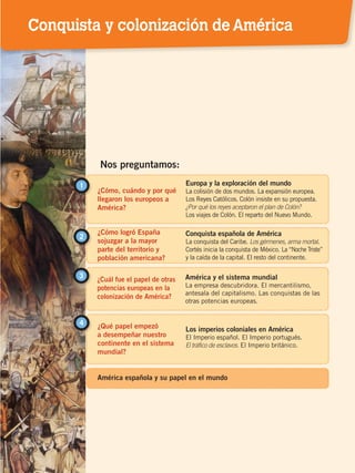 ¿Cómo, cuándo y por qué
llegaron los europeos a
América?
1 Europa y la exploración del mundo
La colisión de dos mundos. La expansión europea.
Los Reyes Católicos. Colón insiste en su propuesta.
¿Por qué los reyes aceptaron el plan de Colón?
Los viajes de Colón. El reparto del Nuevo Mundo.
¿Cómo logró España
sojuzgar a la mayor
parte del territorio y
población americana?
2 Conquista española de América
La conquista del Caribe. Los gérmenes, arma mortal.
Cortés inicia la conquista de México. La “Noche Triste”
y la caída de la capital. El resto del continente.
Nos preguntamos:
¿Cuál fue el papel de otras
potencias europeas en la
colonización de América?
3 América y el sistema mundial
La empresa descubridora. El mercantilismo,
antesala del capitalismo. Las conquistas de las
otras potencias europeas.
¿Qué papel empezó
a desempeñar nuestro
continente en el sistema
mundial?
Los imperios coloniales en América
El Imperio español. El Imperio portugués.
El tráfico de esclavos. El Imperio británico.
4
América española y su papel en el mundo
Conquista y colonización deAmérica
CONQUISTA Y COLONIZACIÓN; pp. 1-33..indd 11 13/07/16 15:44
 