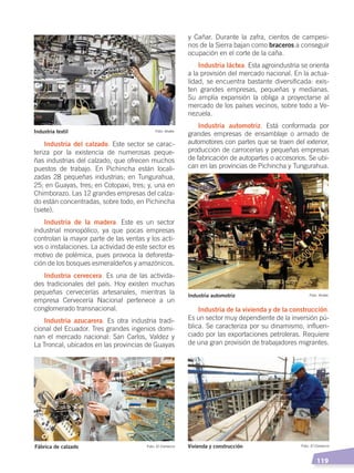   119
y Cañar. Durante la zafra, cientos de campesi-
nos de la Sierra bajan como braceros a conseguir
ocupación en el corte de la caña.
Industria láctea. Esta agroindustria se orienta
a la provisión del mercado nacional. En la actua-
lidad, se encuentra bastante diversificada: exis-
ten grandes empresas, pequeñas y medianas.
Su amplia expansión la obliga a proyectarse al
mercado de los países vecinos, sobre todo a Ve-
nezuela.
Industria automotriz. Está conformada por
grandes empresas de ensamblaje o armado de
automotores con partes que se traen del exterior,
producción de carrocerías y pequeñas empresas
de fabricación de autopartes o accesorios. Se ubi-
can en las provincias de Pichincha y Tungurahua.
Industria de la vivienda y de la construcción.
Es un sector muy dependiente de la inversión pú-
blica. Se caracteriza por su dinamismo, influen-
ciado por las exportaciones petroleras. Requiere
de una gran provisión de trabajadores migrantes.
Industria del calzado. Este sector se carac-
teriza por la existencia de numerosas peque-
ñas industrias del calzado, que ofrecen muchos
puestos de trabajo. En Pichincha están locali-
zadas 28 pequeñas industrias; en Tungurahua,
25; en Guayas, tres; en Cotopaxi, tres; y, una en
Chimborazo. Las 12 grandes empresas del calza-
do están concentradas, sobre todo, en Pichincha
(siete).
Industria de la madera. Este es un sector
industrial monopólico, ya que pocas empresas
controlan la mayor parte de las ventas y los acti-
vos o instalaciones. La actividad de este sector es
motivo de polémica, pues provoca la deforesta-
ción de los bosques esmeraldeños y amazónicos.
Industria cervecera. Es una de las activida-
des tradicionales del país. Hoy existen muchas
pequeñas cervecerías artesanales, mientras la
empresa Cervecería Nacional pertenece a un
conglomerado transnacional.
Industria azucarera. Es otra industria tradi-
cional del Ecuador. Tres grandes ingenios domi-
nan el mercado nacional: San Carlos, Valdez y
La Troncal, ubicados en las provincias de Guayas
Foto: AndesIndustria textil
Foto: El ComercioFábrica de calzado Foto: El ComercioVivienda y construcción
Foto: AndesIndustria automotriz
ECONOMÍA DEL ECUADOR; pp.108-145 .indd 119 13/07/16 16:38
 