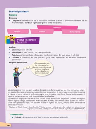 122
Diferencia
•	Compara las características de la producción industrial y las de la producción artesanal de las
microempresas. Utiliza un organizador gráfico como el siguiente:
Analicen
•	Lean el siguiente extracto.
•	 Identifiquen la idea central y las ideas principales.
•	 Relacionen el contenido de este extracto con la información del texto sobre el petróleo.
•	 Discutan el contenido en una plenaria: ¿Qué otras alternativas de desarrollo deberíamos
contemplar?
Imaginen y reflexionen ¿Cómo se pueden unir
los intereses de los
diversos emprendimientos
familiares para lograr
metas más altas en
beneficio de todos?
Los países pobres viven una gran paradoja. Son pobres, justamente, porque son ricos en recursos natura-
les. La abundancia de recursos naturales distorsiona la asignación de los recursos económicos. Concentra
la riqueza en pocas manos, en tanto que margina otras formas de creación de riqueza, sustentadas en el
esfuerzo humano antes que en la generosidad de la naturaleza.
Igual reflexión se podría hacer en relación con los países exportadores de petróleo ubicados en el golfo
Pérsico o golfo Arábigo. Países como Arabia Saudita, Kuwait y los Emiratos Árabes pueden ser conside-
rados como países muy ricos, con elevados niveles de ingreso per cápita, pero no entran en la lista de
países desarrollados.
Adaptado de: Alberto Acosta y Jürgen Schuldt, “Petróleo, rentismo y subdesarrollo: ¿Una maldición sin solución?, en La
Insignia, Ecuador, 2009, ‹en http://www.facebook.com/note.php?note_id=135237306914›.
Autoevaluación
=	¿Entiendo cómo y por qué se ha dado el paso de la artesanía a la industria?
Interdisciplinariedad
Economía
Trabajo colaborativo
Razonamiento
Diferencias
IndustriaCriterios Microempresa
ECONOMÍA DEL ECUADOR; pp.108-145 .indd 122 13/07/16 16:38
 