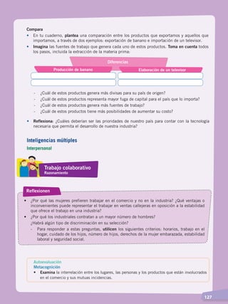   127
Compara
•	 En tu cuaderno, plantea una comparación entre los productos que exportamos y aquellos que
importamos, a través de dos ejemplos: exportación de banano e importación de un televisor.
•	 Imagina las fuentes de trabajo que genera cada uno de estos productos. Toma en cuenta todos
los pasos, incluida la extracción de la materia prima:
-	 ¿Cuál de estos productos genera más divisas para su país de origen?
-	 ¿Cuál de estos productos representa mayor fuga de capital para el país que lo importa?
-	 ¿Cuál de estos productos genera más fuentes de trabajo?
-	 ¿Cuál de estos productos tiene más posibilidades de aumentar su costo?
Reflexionen
•	 ¿Por qué las mujeres prefieren trabajar en el comercio y no en la industria? ¿Qué ventajas o
inconvenientes puede representar el trabajar en ventas callejeras en oposición a la estabilidad
que ofrece el trabajo en una industria?
•	 ¿Por qué los industriales contratan a un mayor número de hombres?
	 ¿Habrá algún tipo de discriminación en su selección?
- 	 Para responder a estas preguntas, utilicen los siguientes criterios: horarios, trabajo en el
hogar, cuidado de los hijos, número de hijos, derechos de la mujer embarazada, estabilidad
laboral y seguridad social.
•	Reflexiona: ¿Cuáles deberían ser las prioridades de nuestro país para contar con la tecnología
necesaria que permita el desarrollo de nuestra industria?
Autoevaluación
Metacognición
•	 Examina la interrelación entre los lugares, las personas y los productos que están involucrados
en el comercio y sus mutuas incidencias.
Trabajo colaborativo
Razonamiento
Inteligencias múltiples
Interpersonal
Diferencias
Producción de banano Elaboración de un televisor
ECONOMÍA DEL ECUADOR; pp.108-145 .indd 127 13/07/16 16:38
 