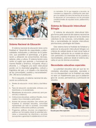   153
Sistema Nacional de Educación
El sistema nacional de educación tiene como
finalidad el “desarrollo de capacidades y poten-
cialidades individuales y colectivas de la pobla-
ción, que posibiliten el aprendizaje, y la gene-
ración y utilización de conocimientos, técnicas,
saberes, artes y cultura. El sistema tendrá como
centro al sujeto que aprende, y funcionará de
manera ﬂexible y dinámica, incluyente, eﬁcaz y
eﬁciente. (…) integrará una visión intercultural
acorde con la diversidad geográﬁca, cultural y
lingüística del país, y el respeto a los derechos
de las comunidades, pueblos y nacionalidades”
(Art. 343 de la Constitución).
Por lo expuesto, el sistema nacional de edu-
cación se conforma de:
a.	 Niveles de educación: inicial, básico y bachillera-
to.
b.	 Tipos de educación: escolarizada: ordinaria y ex-
traordinaria; y no escolarizada.
c.	 Modalidades de educación: presencial, semi-pre-
sencial y a distancia.
d.	 Instituciones educativas: públicas (fiscales, muni-
cipales), fisco-misionales y particulares.
e.	 Actores del proceso educativo: Son actores par-
ticipativos la autoridad educativa, comunidad
representada por toda la sociedad, comunidad
educativa e instituciones públicas y privadas.
f.	 Programas, políticas, recursos: Los programas y
políticas son formulados desde la autoridad edu-
cativa y comprenden las directrices y acciones
que apuntan a garantizar lo establecido en el mar-
co normativo. En lo que respecta a recursos, se
considera su asignación y distribución para apo-
yar a la calidad y al cierre de brechas de acceso a
la educación en concordancia con los principios
constitucionales de equidad social, poblacional y
territorial.
Sistema de Educación Intercultural
Bilingüe
El sistema de educación intercultural bilin-
güe forma parte esencial del sistema nacional de
educación y viabiliza el ejercicio de los derechos
colectivos de las comunas, comunidades, pue-
blos y nacionalidades de carácter intercultural,
plurinacional y plurilingüe del Estado.
Este sistema tiene la finalidad de fortalecer y
potenciar la educación intercultural bilingüe con
criterios de calidad desde el nivel inicial hasta el
bachillerato, aplicación de un modelo de educa-
ción pertinente a la diversidad de los pueblos y
nacionalidades, potenciar desde el sistema edu-
cativo el uso de idiomas ancestrales.
Necesidades educativas especiales
La autoridad educativa vela por que las ne-
cesidades educativas especiales, asociadas o
no a la discapacidad con la finalidad que estas
no sean un impedimento para que la población
goce de acceso, permanencia y culminación de
estudios.
Escuela para niños especiales Foto: Municipio de Piñas
Niños y niñas de un plantel educativo Foto: El Comercio
Fuente: Documento de trabajo del Ministerio de Educación.
DESARROLLO HUMANO; pp.146-187.indd 153 13/07/16 16:53
 