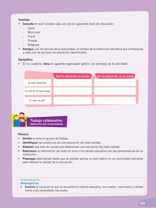   155
Investiga
•	Consulta en qué consiste cada uno de los siguientes tipos de educación:
	 -	Laica
	 -	Municipal
	 -	Fiscal
	 -	Privada
	 -	Religiosa
•	 Averigua, con los vecinos de tu comunidad, el nombre de la institución educativa que corresponda
a cada uno de los tipos de educación identificados.
Ejemplifica
•	 En tu cuaderno, llena el siguiente organizador gráfico con ejemplos de lo solicitado:
Con la educación se puede Sin la educación no se puede
A nivel individual
A nivel de la comunidad
A nivel de país
Plenaria
•	Dividan el aula en grupos de trabajo.
•	 Identifiquen las evidencias de una educación de mala calidad.
•	 Elaboren una lista de causas que determinan una educación de mala calidad.
•	 Relacionen la información del texto en torno a la calidad educativa con las características de su
institución.
•	 Propongan alternativas reales que se pueden aplicar a nivel interno en su comunidad educativa
para mejorar la calidad de la educación.
Trabajo colaborativo
Aplicación del conocimiento
Autoevaluación
Metacognición
• 	 Examino la situación en que se encuentra el sistema educativo, sus niveles, crecimiento y calidad
frente a las necesidades nacionales.
DESARROLLO HUMANO; pp.146-187.indd 155 13/07/16 16:53
 