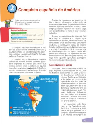   17
América fue conquistada por un proceso mi-
litar, político, social, económico y demográfico de
inmensas proporciones. Su principal motor fue el
deseo de explotar sus riquezas; al inicio, a través
del pillaje, robo de objetos de oro y plata, y luego,
con la explotación de su mano de obra y recursos
naturales.
Primero se conquistaron las islas del Cari-
be y, luego, el continente. A la conquista siguió
la colonización, es decir, el establecimiento del
conquistador y sus descendientes. Se fundaron
ciudades, se construyeron casas, se erigieron
templos católicos, se impuso el gobierno europeo
y se propició la explotación de la población local
en minería y agricultura. La riqueza pasaba a las
potencias coloniales y a sus representantes en el
territorio americano. El coloniaje se mantuvo a lo
largo de los siguientes siglos, hasta que llegaron
los movimientos de independencia.
La conquista del Caribe
Los Reyes Católicos obtuvieron la venia del
papa Alejandro VI, quien declaró, en 1493, que
los territorios descubiertos por Colón y los que
se descubrieran pertenecían al
reino de Castilla, y prohibió viajar
a “las Indias” sin permiso de los
reyes de España. Esta orden fue
obedecida durante un poco más
de un siglo, sobre todo por el po-
derío naval español y no tanto por
respeto a la autoridad papal. Pero
luego, británicos, holandeses,
franceses, belgas, suecos y rusos
intentarían, también, conquistar
trozos de América y establecer
sus propias colonias.
Las experiencias en las Cana-
rias y en La Española (actuales
República Dominicana y Haití)
fueron ensayos generales de la
conquista y colonización españo-
la en América. Allí surgieron las
La conquista de América consistió en el pro-
ceso de ocupación del continente americano y
sojuzgamiento de sus poblaciones por las poten-
cias europeas, especialmente España, Portugal,
Inglaterra, Francia y Holanda.
La conquista se concretó mediante una serie
continua de acciones militares contra los pobla-
dores originarios de América, para invadir sus
tierras y someter a sus pobladores, en algunos
casos, tras un verdadero exterminio. Esto último
también fue ocasionado por la difusión de epide-
mias que mataron a millones de indígenas.
2 Conquista española de América
¿Qué buscaban los conquistadores a su llegada a América?
¿Por qué las enfermedades mataron más que las mis-
mas guerras en la conquista española?
	 Explicar el proceso de conquista española
	 del Imperio inca en crisis y la resistencia
	 de los pueblos indígenas.
Descubriendo juntos
Españoles en América
en el siglo XVI
Conocimientos previos
Desequilibrio cognitivo
Fuente: Hermann Kinder yWerner Hilgemann, Atlashistóricomundial, vol. 1, Madrid, Istmo, 1986. Elaboración: CEN
CONQUISTA Y COLONIZACIÓN; pp. 1-33..indd 17 13/07/16 15:44
 