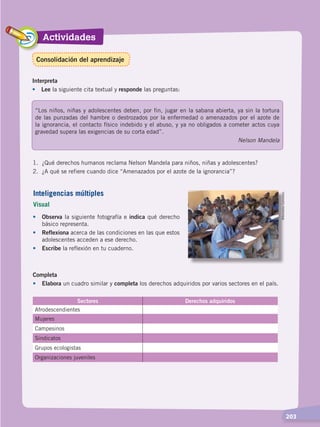 Actividades
  203
Interpreta
•	Lee la siguiente cita textual y responde las preguntas:
“Los niños, niñas y adolescentes deben, por fin, jugar en la sabana abierta, ya sin la tortura
de las punzadas del hambre o destrozados por la enfermedad o amenazados por el azote de
la ignorancia, el contacto físico indebido y el abuso, y ya no obligados a cometer actos cuya
gravedad supera las exigencias de su corta edad”.
Nelson Mandela
1.	 ¿Qué derechos humanos reclama Nelson Mandela para niños, niñas y adolescentes?
2.	 ¿A qué se refiere cuando dice “Amenazados por el azote de la ignorancia”?
•	Observa la siguiente fotografía e indica qué derecho
básico representa.
•	 Reflexiona acerca de las condiciones en las que estos
adolescentes acceden a ese derecho.
•	 Escribe la reflexión en tu cuaderno.
Completa
•	Elabora un cuadro similar y completa los derechos adquiridos por varios sectores en el país. WikimediaCommons.
Sectores Derechos adquiridos
Afrodescendientes
Mujeres
Campesinos
Sindicatos
Grupos ecologistas
Organizaciones juveniles
Inteligencias múltiples
Visual
Consolidación del aprendizaje
DERECHOS HUMANOS; pp.200-224.indd 203 14/07/16 9:33
 