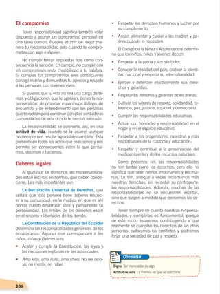 206
•	 Respetar los derechos humanos y luchar por
su cumplimiento.
•	 Asistir, alimentar y cuidar a las madres y pa-
dres cuando lo necesiten.
El Código de la Niñez y Adolescencia determi-
na que los niños, niñas y jóvenes deben:
•	 Respetar a la patria y sus símbolos.
•	 Conocer la realidad del país, cultivar la identi-
dad nacional y respetar su interculturalidad.
•	 Ejercer y defender efectivamente sus dere-
chos y garantías.
•	 Respetar los derechos y garantías de los demás.
•	 Cultivar los valores de respeto, solidaridad, to-
lerancia, paz, justicia, equidad y democracia.
•	 Cumplir las responsabilidades educativas.
•	 Actuar con honradez y responsabilidad en el
hogar y en el espacio educativo.
•	 Respetar a los progenitores, maestros y más
responsables de la custodia y educación.
•	 Respetar y contribuir a la preservación del
medioambiente y de los recursos naturales.
Como podemos ver, las responsabilidades
no son tantas como los derechos, pero ello no
significa que sean menos importantes y necesa-
rias. Lo son, aunque a veces reclamamos más
nuestros derechos, sin recordar su contraparte:
las responsabilidades. Además, muchas de las
responsabilidades no se encuentran escritas,
sino que surgen a medida que ejercemos los de-
rechos.
Tener siempre en cuenta nuestras responsa-
bilidades y cumplirlas es fundamental, porque
de este modo estaremos contribuyendo a que
realmente se cumplan los derechos de las otras
personas, evitaremos los conflictos y podremos
forjar una sociedad de paz y respeto.
El compromiso
Tener responsabilidad significa también estar
dispuesto a asumir un compromiso personal en
una tarea común. Puedes asumir de mejor ma-
nera tu responsabilidad solo cuando te compro-
metas con algo o alguien.
No cumplir tareas impuestas trae como con-
secuencia la sanción. En cambio, no cumplir con
los compromisos resta credibilidad a tu palabra.
Si cumples tus compromisos eres consecuente
contigo mismo y demuestras tu aprecio y respeto
a las personas con quienes vives.
Si quieres que tu vida no sea una carga de ta-
reas y obligaciones que te agobian, tienes la res-
ponsabilidad de propiciar espacios de diálogo, de
encuentro y de entendimiento con las personas
que te rodean para construir con ellas verdaderas
comunidades de vida donde te sientas valorado.
La responsabilidad se convierte, así, en una
actitud de vida, cuando se la asume, aunque
no siempre nos resulte agradable cumplirla. Está
presente en todos los actos que realizamos y nos
permite ser consecuentes entre lo que pensa-
mos, decimos y hacemos.
Deberes legales
Al igual que los derechos, las responsabilida-
des están escritas en normas, que deben obede-
cerse. Las más importantes son:
La Declaración Universal de Derechos, que
señala que toda persona tiene deberes respec-
to a su comunidad, en la medida en que es ahí
donde puede desarrollar libre y plenamente su
personalidad. Los límites de los derechos están
en el respeto y libertades de los demás.
La Constitución de la República del Ecuador
determina las responsabilidades generales de los
ecuatorianos. Algunas que corresponden a los
niños, niñas y jóvenes son:
•	 Acatar y cumplir la Constitución, las leyes y
las decisiones legítimas de las autoridades.
•	 Ama killa, ama llulla, ama shwa. No ser ocio-
so, no mentir, no robar. Digno. Ser merecedor de algo.
Actitud de vida. La manera en que se reacciona.
Glosario
DERECHOS HUMANOS; pp.200-224.indd 206 14/07/16 9:33
 