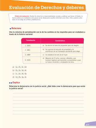   217
Evaluación de Derechos y deberes
n Relaciona
Une la columna de periodización con la de los cambios en los requisitos para ser ciudadano a
través de la historia nacional:
n n Explica
Relaciona la democracia con la justicia social. ¿Qué debe crear la democracia para que exista
la justicia social?
Criterio de evaluación: Analiza los derechos y responsabilidades sociales y políticas que tienen el Estado, la
fuerza pública y la ciudadanía como grupo social, destacando aquellos referentes a las niñas, niños y jóvenes seña-
lados en el Código de la Niñez y Adolescencia.
a)	 1a, 2b, 3c, 4d
b)	 1b, 2a, 3d, 4c
c)	 1c, 2d, 3b, 4a
d)	 1d, 2b, 3a, 4c
Periodización
1. 1830 a)	 Se eliminó la base de propiedad para ser elegido.
2. 1861 b)	 Se suprimió el requisito de propiedad y la
prohibición de ser trabajador pendiente para elegir.
3. 1884
4. 1920
c)	 Se estableció el voto de la mujer.
d)	 Mayores de 21 años, varones, alfabetos, que
tuvieran ingresos permanentes o propiedades y que
no fueran sirvientes o empleados de otros.
Características
DERECHOS HUMANOS; pp.200-224.indd 217 14/07/16 9:33
 