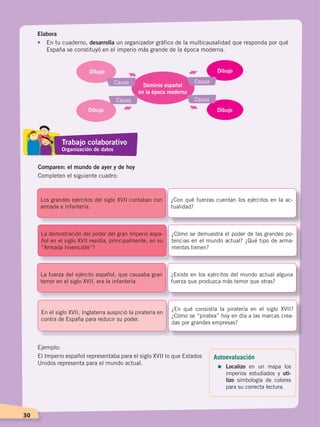 30
Elabora
•	 En tu cuaderno, desarrolla un organizador gráfico de la multicausalidad que responda por qué
España se constituyó en el imperio más grande de la época moderna.
Dominio español
en la época moderna
Dibujo
Dibujo
Dibujo
Dibujo
Causa Causa
Causa Causa
Comparen: el mundo de ayer y de hoy
Completen el siguiente cuadro:
Los grandes ejércitos del siglo XVII contaban con
armada e infantería.
¿Con qué fuerzas cuentan los ejércitos en la ac-
tualidad?
La demostración del poder del gran Imperio espa-
ñol en el siglo XVII residía, principalmente, en su
“Armada Invencible”?
¿Cómo se demuestra el poder de las grandes po-
tencias en el mundo actual? ¿Qué tipo de arma-
mentos tienen?
La fuerza del ejército español, que causaba gran
temor en el siglo XVII, era la infantería.
¿Existe en los ejércitos del mundo actual alguna
fuerza que produzca más temor que otras?
En el siglo XVII, Inglaterra auspició la piratería en
contra de España para reducir su poder.
¿En qué consistía la piratería en el siglo XVII?
¿Cómo se “piratea” hoy en día a las marcas crea-
das por grandes empresas?
Autoevaluación
=	Localizo en un mapa los
imperios estudiados y uti-
lizo simbología de colores
para su correcta lectura.
Trabajo colaborativo
Organización de datos
Ejemplo:
El Imperio español representaba para el siglo XVII lo que Estados
Unidos representa para el mundo actual.
CONQUISTA Y COLONIZACIÓN; pp. 1-33..indd 30 13/07/16 15:44
 