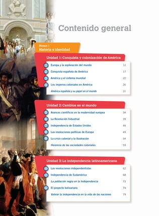 6
Contenido general
Unidad 1: Conquista y colonización de América
Unidad 2: Cambios en el mundo
Unidad 3: La independencia latinoamericana
Historia e identidad
Bloque 1
Europa y la exploración del mundo 	 12
Conquista española de América	17
América y el sistema mundial	22
Los imperios coloniales en América	26
América española y su papel en el mundo	31
Avances científicos en la modernidad europea 	 34
La Revolución Industrial	39
Independencia de Estados Unidos	44
Las revoluciones políticas de Europa	49
La crisis colonial y la Ilustración	54
Herencia de las sociedades coloniales	59
Las revoluciones independentistas	 62
Independencia de Sudamérica	68
La población negra en la Independencia	73
El proyecto bolivariano	74
Valorar la independencia en la vida de las naciones	79
1
4
9
2
5
10
11
12
3
6
7
8
CONQUISTA Y COLONIZACIÓN; pp. 1-33..indd 6 13/07/16 15:44
 