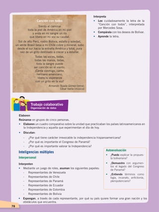 78
Interpreta
•	Lee cuidadosamente la letra de la
“Canción con todos”, interpretada
por Mercedes Sosa.
•	 Compárala con los deseos de Bolívar.
•	 Aprende la letra.
Elaboren
Reúnanse en grupos de cinco personas.
•	Elaboren un cuadro comparativo sobre la unidad que practicaban los países latinoamericanos en
la Independencia y aquella que experimentan el día de hoy.
•	 Discutan:
	 - 	 ¿Por qué tiene carácter irrevocable la independencia hispanoamericana?
	 -	 ¿Por qué es importante el Congreso de Panamá?
	 -	 ¿Por qué es importante valorar la Independencia?
Interpreten
•	 Mediante un juego de roles, asuman los siguientes papeles:
	 -	 Representantes de Venezuela		
	 -	 Representantes de Chile		
	 -	 Representantes de Panamá
	 -	 Representantes de Ecuador
	 - 	 Representantes de Colombia
	 - 	 Representantes de Bolivia		
•	 Expongan, a través de cada representante, por qué su país quiere formar una gran nación y los
obstáculos que encuentra.
Canción con todos
Siento al caminar
toda la piel de América en mi piel
y anda en mi sangre un río
que libera en mi voz su caudal.
Sol de alto Perú, rostro Bolivia, estaño y soledad,
un verde Brasil besa a mi Chile cobre y mineral, subo
desde el sur hacia la entraña América y total, pura
raíz de un grito destinado a crecer y a estallar.
Todas las voces, todas,
todas las manos, todas,
toda la sangre puede
ser canción en el viento.
¡Canta conmigo, canta,
hermano americano,
libera tu esperanza
con un grito en la voz!
Armando Tejada Gómez (letra);
César Isella (música)
Autoevaluación
•	 ¿Puedo explicar la propues-
ta bolivariana?
•	 ¿Demuestro con argumen-
tos el legado del Congreso
de Panamá?
•	 ¿Entiendo términos como
logia, incanato, anfictionía,
plenipotenciario?
Trabajo colaborativo
Organización de datos
Inteligencias múltiples
Interpersonal
INDEPENDENCIA LATINOAMERICANA; pp. 62-81.indd 78 13/07/16 16:09
 