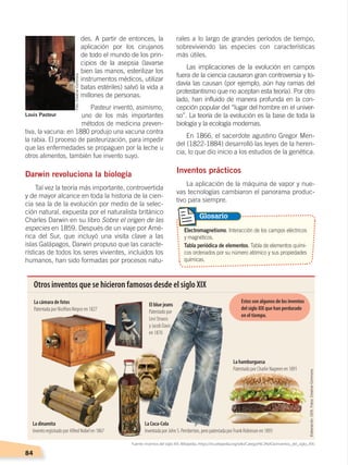 84
des. A partir de entonces, la
aplicación por los cirujanos
de todo el mundo de los prin-
cipios de la asepsia (lavarse
bien las manos, esterilizar los
instrumentos médicos, utilizar
batas estériles) salvó la vida a
millones de personas.
Pasteur inventó, asimismo,
uno de los más importantes
métodos de medicina preven-
tiva, la vacuna: en 1880 produjo una vacuna contra
la rabia. El proceso de pasteurización, para impedir
que las enfermedades se propaguen por la leche u
otros alimentos, también fue invento suyo.
Darwin revoluciona la biología
Tal vez la teoría más importante, controvertida
y de mayor alcance en toda la historia de la cien-
cia sea la de la evolución por medio de la selec-
ción natural, expuesta por el naturalista británico
Charles Darwin en su libro Sobre el origen de las
especies en 1859. Después de un viaje por Amé-
rica del Sur, que incluyó una visita clave a las
islas Galápagos, Darwin propuso que las caracte-
rísticas de todos los seres vivientes, incluidos los
humanos, han sido formadas por procesos natu-
rales a lo largo de grandes períodos de tiempo,
sobreviviendo las especies con características
más útiles.
Las implicaciones de la evolución en campos
fuera de la ciencia causaron gran controversia y to-
davía las causan (por ejemplo, aún hay ramas del
protestantismo que no aceptan esta teoría). Por otro
lado, han influido de manera profunda en la con-
cepción popular del “lugar del hombre en el univer-
so”. La teoría de la evolución es la base de toda la
biología y la ecología modernas.
En 1866, el sacerdote agustino Gregor Men-
del (1822-1884) desarrolló las leyes de la heren-
cia, lo que dio inicio a los estudios de la genética.
Inventos prácticos
La aplicación de la máquina de vapor y nue-
vas tecnologías cambiaron el panorama produc-
tivo para siempre.
Electromagnetismo. Interacción de los campos eléctricos
y magnéticos.
Tabla periódica de elementos. Tabla de elementos quími-
cos ordenados por su número atómico y sus propiedades
químicas.
Glosario
Louis Pasteur
Otros inventos que se hicieron famosos desde el siglo XIX
La cámara de fotos
Patentada por Nicéforo Niepce en 1827
El blue jeans
Patentado por
Levi Strauss
y Jacob Davis
en 1870
La hamburguesa
Patentado por Charlie Nagreen en 1891
La dinamita
Invento registrado por Alfred Nobel en 1867
La Coca-Cola
Inventada por John S. Pemberton, pero patentada por Frank Robinson en 1893
Estos son algunos de los inventos
del siglo XIX que han perdurado
en el tiempo.
Fuente: Inventos del siglo XIX, Wikipedia, ‹https://es.wikipedia.org/wiki/Categor%C3%ADa:Inventos_del_siglo_XIX›
Foto:CreativeCommons
Elaboración:CEN.Fotos:CreativeCommons
EL MUNDO EN EL SIGLO XIX; pp. 82-107.indd 84 13/07/16 16:21
 