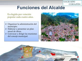 Funciones del Alcalde
Es elegido por votación
popular cada cuatro años.
Copyright 2010 6
 Organizar la administración del
municipio.
 Elaborar y presentar un plan
anual de obras.
 Convocar y dirigir las reuniones
del concejo municipal.
 