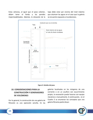 18
Estas cámaras, al igual que el pozo colector,
deben tener el fondo y las paredes
impermeabilizados. Además, la elevación de la
tapa debe estar por encima del nivel máximo
que alcanzan las aguas en el caso que la galería
se encuentre expuesta a inundaciones.
Figura 9. Detalles del pozo.
10. CONSIDERACIONES PARA LA
CONSTRUCCIÓN Y GENERADORES
DE VOLÚMENES
Por lo general, la construcción de una galería de
filtración es una operación sencilla. En las
galerías localizadas en las márgenes de una
corriente o en un acuífero con escurrimiento
propio, la excavación puede hacerse con equipo
mecánico o manualmente. A continuación, en el
Cuadro 3 se enumeran los conceptos que una
galería filtrante podría llevar:
Conducto que va a la bomba
Nivel máximo de las aguas
en caso de áreas inundables
Nivel
estático
Nivel
dinámico
Flujo
ParedesImpermeables
Escalerilla
de acceso
Tapa
 