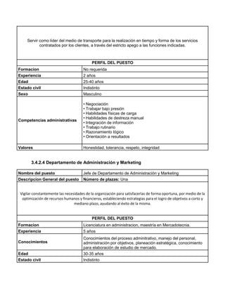 Servir como líder del medio de transporte para la realización en tiempo y forma de los servicios
            contratados por los clientes, a través del estricto apego a las funciones indicadas.



                                            PERFIL DEL PUESTO
Formacion                             No requerida
Experiencia                           2 años
Edad                                  25-40 años
Estado civil                          Indistinto
Sexo                                  Masculino

                                      • Negociación
                                      • Trabajar bajo presión
                                      • Habilidades físicas de carga
                                      • Habilidades de destreza manual
Competencias administrativas
                                      • Integración de información
                                      • Trabajo rutinario
                                      • Razonamiento lógico
                                      • Orientación a resultados

Valores                               Honestidad, tolerancia, respeto, integridad


       3.4.2.4 Departamento de Administración y Marketing

Nombre del puesto                     Jefe de Departamento de Administración y Marketing
Descripcion General del puesto        Número de plazas: Una


 Vigilar constantemente las necesidades de la organización para satisfacerlas de forma oportuna, por medio de la
  optimización de recursos humanos y financieros, estableciendo estrategias para el logro de objetivos a corto y
                                 mediano plazo, ayudando al éxito de la misma.


                                            PERFIL DEL PUESTO
Formacion                             Licenciatura en administracion, maestría en Mercadotecnia.
Experiencia                           5 años
                                      Conocimientos del proceso adminitrativo, manejo del personal,
Conocimientos                         administración por objetivos, planeación estratégica, conocimiento
                                      para elaboración de estudio de mercado.
Edad                                  30-35 años
Estado civil                          Indistinto
 