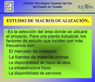 Instituto Tecnológico Superior del Sur
                  del Estado de Yucatán
         Organismo Público Descentralizado del Gobierno del Estado




ESTUDIO DE MACROLOCALIZACIÓN.

Es la selección del área donde se ubicará
el proyecto. Para una planta industrial, los
factores de estudio que inciden con más
frecuencia son:
El mercado de consumo
La fuentes de materias primas.
La disponibilidad de mano de obra.
La infraestructura física
La disponibilidad de servicios.
 