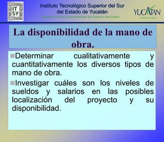 Instituto Tecnológico Superior del Sur
                 del Estado de Yucatán
        Organismo Público Descentralizado del Gobierno del Estado




La disponibilidad de la mano de
             obra.
Determinar       cualitativamente    y
cuantitativamente los diversos tipos de
mano de obra.
Investigar cuáles son los niveles de
sueldos y salarios en las posibles
localización    del   proyecto    y  su
disponibilidad.
 