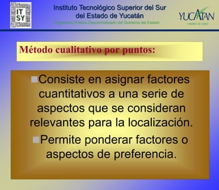 Instituto Tecnológico Superior del Sur
                del Estado de Yucatán
       Organismo Público Descentralizado del Gobierno del Estado




Método cualitativo por puntos:

  Consiste en asignar factores
    cuantitativos a una serie de
    aspectos que se consideran
  relevantes para la localización.
   Permite ponderar factores o
     aspectos de preferencia.
 