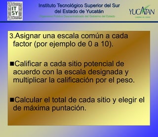 Instituto Tecnológico Superior del Sur
                  del Estado de Yucatán
         Organismo Público Descentralizado del Gobierno del Estado




3.Asignar una escala común a cada
 factor (por ejemplo de 0 a 10).

Calificar a cada sitio potencial de
 acuerdo con la escala designada y
 multiplicar la calificación por el peso.

Calcular el total de cada sitio y elegir el
 de máxima puntación.
 