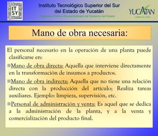 Instituto Tecnológico Superior del Sur
                     del Estado de Yucatán
             Organismo Público Descentralizado del Gobierno del Estado




          Mano de obra necesaria:
El personal necesario en la operación de una planta puede
 clasificarse en:
Mano de obra directa: Aquella que interviene directamente
 en la transformación de insumos a productos.
Mano de obra indirecta: Aquella que no tiene una relación
 directa con la producción del artículo; Realiza tareas
 auxiliares. Ejemplo: limpieza, supervisión, etc.
Personal de administración y venta: Es aquel que se dedica
 a la administración de la planta, y a la venta y
 comercialización del producto final.
 