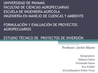 UNIVERSIDAD DE PANAMÁ
FACULTAD DE CIENCIAS AGROPECUARIAS
ESCUELA DE INGENIERÍA AGRÍCOLA
INGENIERÍA EN MANEJO DE CUENCAS Y AMBIENTE
FORMULACIÓN Y EVALUACIÓN DE PROYECTOS
AGROPECUARIOS
ESTUDIO TÉCNICO DE PROYECTOS DE INVERSIÓN
Profesor: Javier Macre
Integrantes:
Juliana Cañas
Fernando Sasso
Eva Valdés
(Coordinador) Pedro Vivar
 