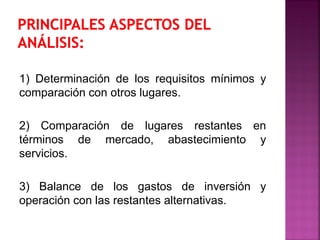 1) Determinación de los requisitos mínimos y
comparación con otros lugares.
2) Comparación de lugares restantes en
términos de mercado, abastecimiento y
servicios.
3) Balance de los gastos de inversión y
operación con las restantes alternativas.
 
