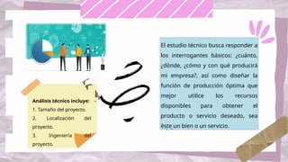 El estudio técnico busca responder a
los interrogantes básicos: ¿cuánto,
¿dónde, ¿cómo y con qué producirá
mi empresa?, así como diseñar la
función de producción óptima que
mejor utilice los recursos
disponibles para obtener el
producto o servicio deseado, sea
éste un bien o un servicio.
Análisis técnico incluye:
1. Tamaño del proyecto.
2. Localización del
proyecto.
3. Ingeniería del
proyecto.
 