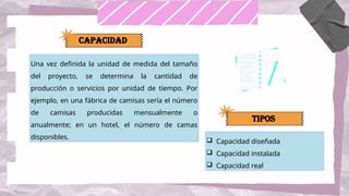 Una vez definida la unidad de medida del tamaño
del proyecto, se determina la cantidad de
producción o servicios por unidad de tiempo. Por
ejemplo, en una fábrica de camisas sería el número
de camisas producidas mensualmente o
anualmente; en un hotel, el número de camas
disponibles.  Capacidad diseñada
 Capacidad instalada
 Capacidad real
CAPACIDAD
TIPOS
 