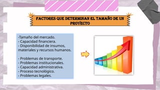Factores que determinan el tamaño de un
proyecto
-Tamaño del mercado.
- Capacidad financiera.
- Disponibilidad de insumos,
materiales y recursos humanos.
- Problemas de transporte.
- Problemas institucionales.
- Capacidad administrativa.
- Proceso tecnológico.
- Problemas legales.
 