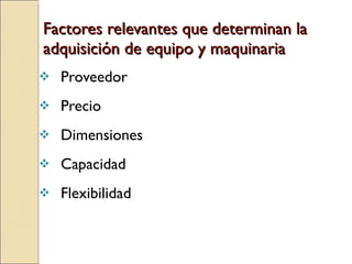 Factores relevantes que determinan la adquisición de equipo y maquinaria Proveedor Precio Dimensiones Capacidad Flexibilidad 