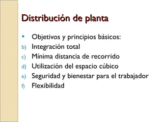 Distribución de planta Objetivos y principios básicos: Integración total Mínima distancia de recorrido Utilización del espacio cúbico Seguridad y bienestar para el trabajador Flexibilidad 