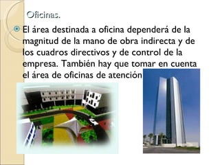 Oficinas. El área destinada a oficina dependerá de la magnitud de la mano de obra indirecta y de los cuadros directivos y de control de la empresa. También hay que tomar en cuenta el área de oficinas de atención al público.  