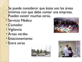   Se puede considerar que éstas son las áreas mínimas con que debe contar una empresa. Pueden existir muchas otras.  Servicio Médico Comedor Vigilancia Áreas verdes Estacionamiento Entre otras 