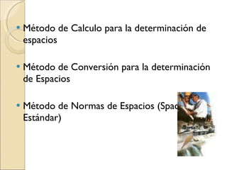 Método de Calculo para la determinación de espacios Método de Conversión para la determinación de Espacios Método de Normas de Espacios (Space Estándar) 