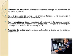 Director de Sistemas.  Planea el desarrollo y dirige  las actividades  de las áreas laborables Jefe o gerente de área.  Su   principal función es la innovación y actualización del hardware y software. Programadores.  Están enfocados al software y lo pueden adaptar, mantener, mejorar o crear nuevos programas.  Su objetivo es encargarse de mejorar la interfaz del humano y el  SI Analista de sistemas.  Se ocupan del análisis y diseño de los sistemas informáticos. 