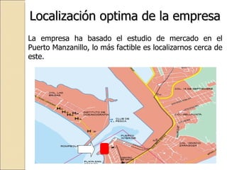 Localización optima de la empresa  La empresa ha basado el estudio de mercado en el Puerto Manzanillo, lo más factible es localizarnos cerca de este. 