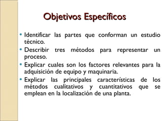 Objetivos Específicos Identificar las partes que conforman un estudio técnico. Describir tres métodos para representar un proceso. Explicar cuales son los factores relevantes para la adquisición de equipo y maquinaria. Explicar las principales características de los métodos cualitativos y cuantitativos que se emplean en la localización de una planta. 