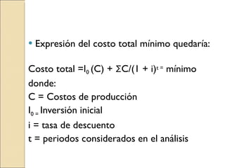 Expresión del costo total mínimo quedaría:  Costo total =I 0  (C) +  Σ C/(1 + i) t =  mínimo donde: C = Costos de producción I 0 =  Inversión inicial i = tasa de descuento t = periodos considerados en el análisis 