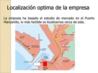 Localización optima de la empresa  La empresa ha basado el estudio de mercado en el Puerto Manzanillo, lo más factible es localizarnos cerca de este. 